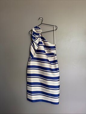 Banana Republic One-Shoulder Blue and Cream Striped Dress
